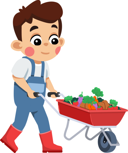 Farmer Kid Harvesting Vegetables Pushing Wheelbarrow